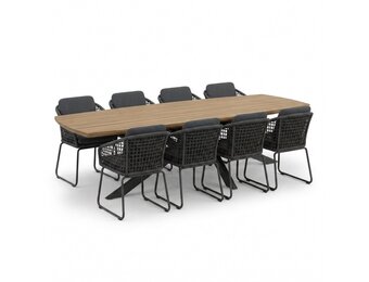 Salo/Tulum Lava Grey dining tuinset | 8 personen | hardhout + touw | 280cm Deens