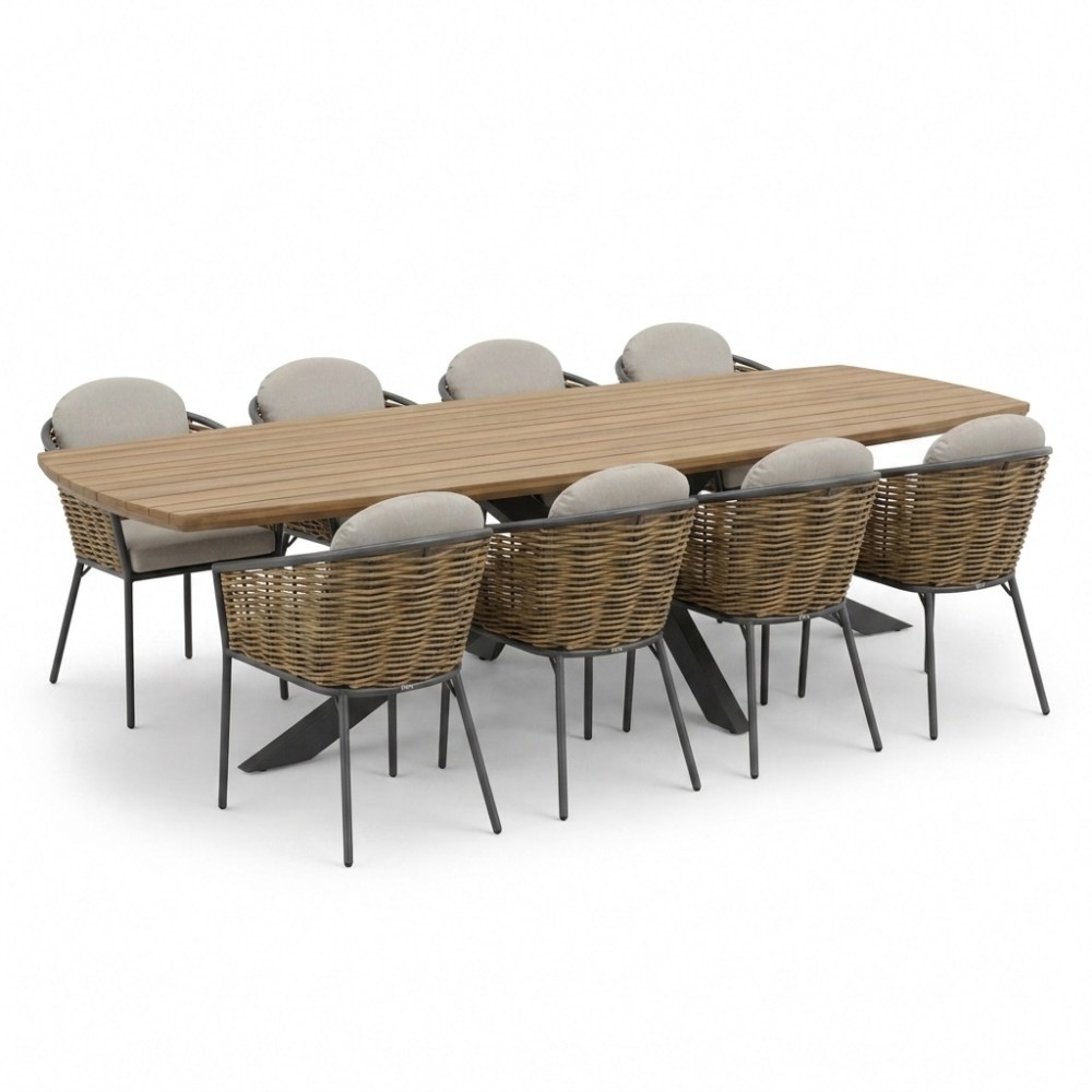 Salo/Lucca dining tuinset | 8 personen | hardhout + wicker | 280cm Deens