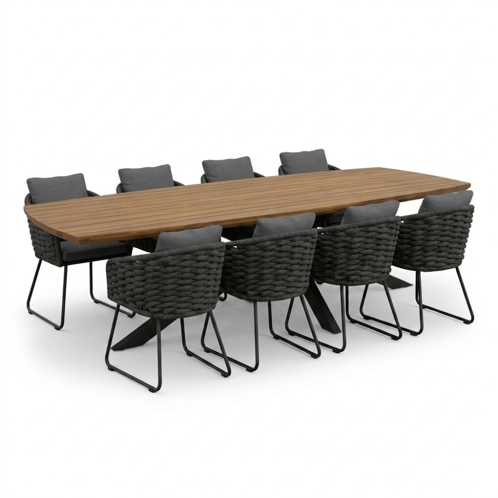 Salo/Flora Stone Grey dining tuinset | 8 personen | hardhout + touw | 280cm Deens