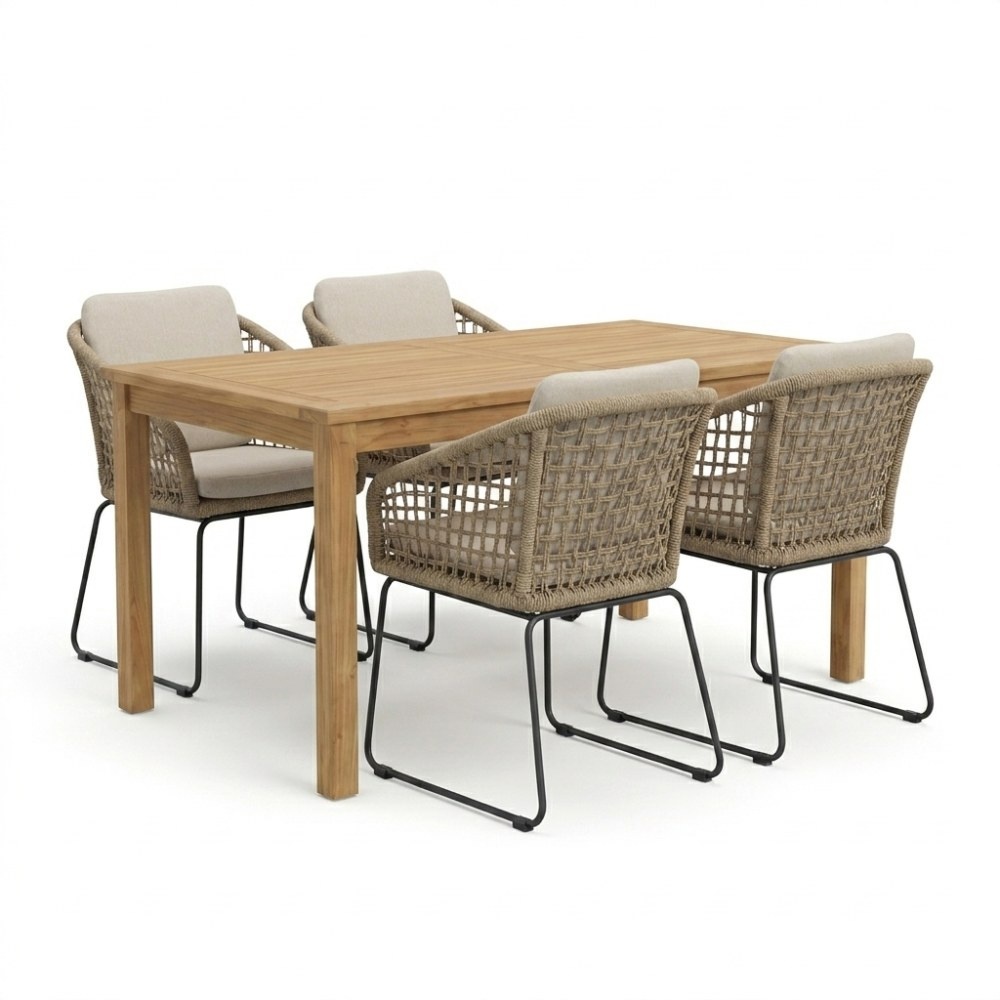 Singapore/Tulum Sahara Dust dining tuinset | 4 personen | teakhout + touw | 150cm