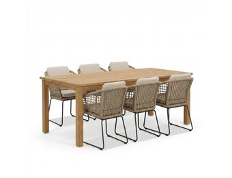 Singapore/Tulum Sahara Dust dining tuinset | 6 personen | teakhout + touw | 200cm
