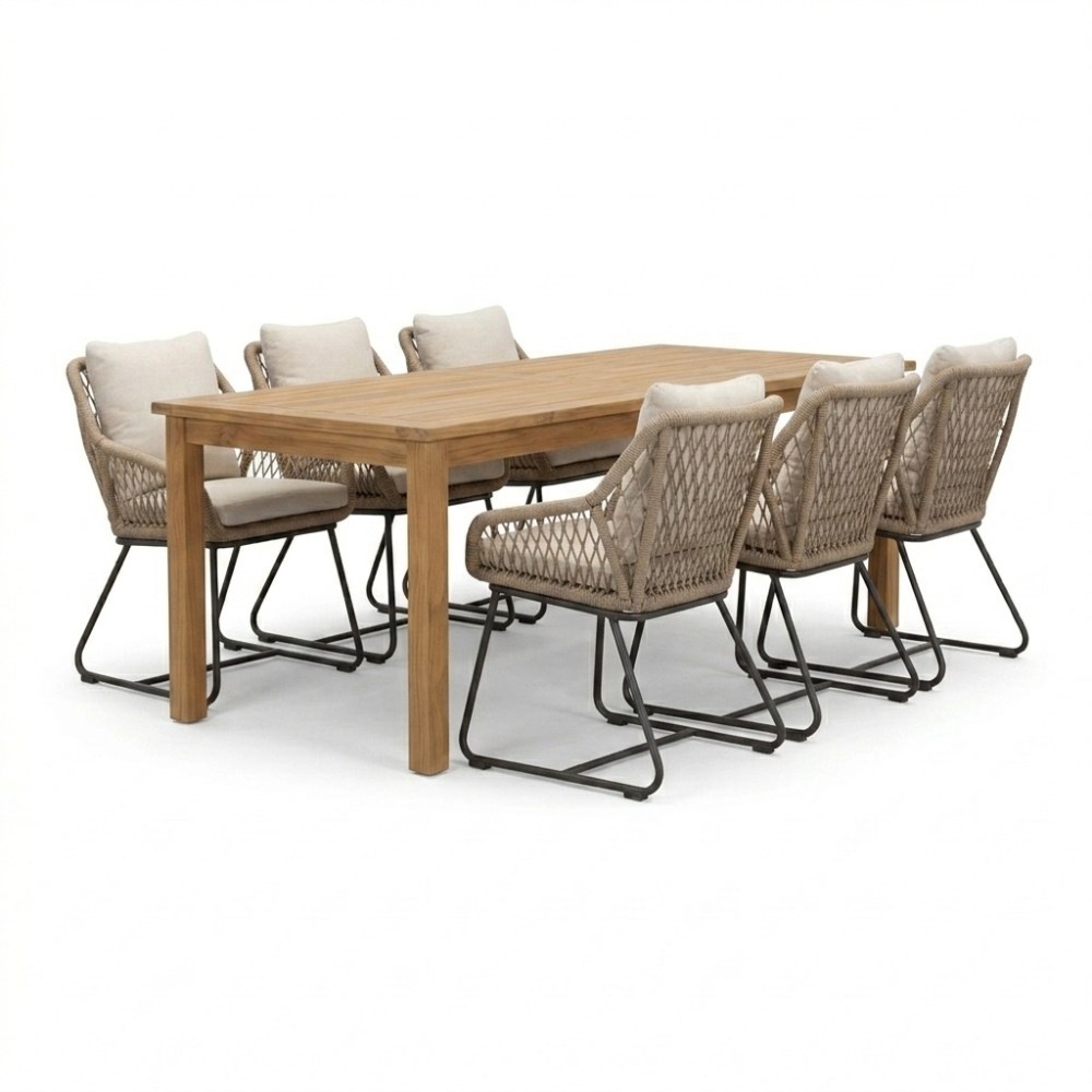 Singapore/Portofino Sahara Dust dining tuinset | 6 personen | teakhout + touw | 200cm