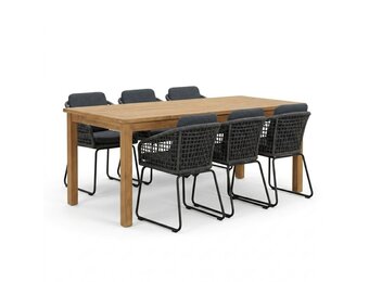 Singapore/Tulum Lava Grey dining tuinset | 6 personen | teakhout + touw | 200cm