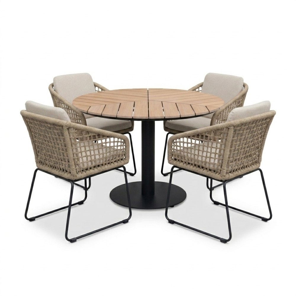 Sirena/Tulum Sahara Dust dining tuinset | 4 personen | polywood + touw | Ø120cm