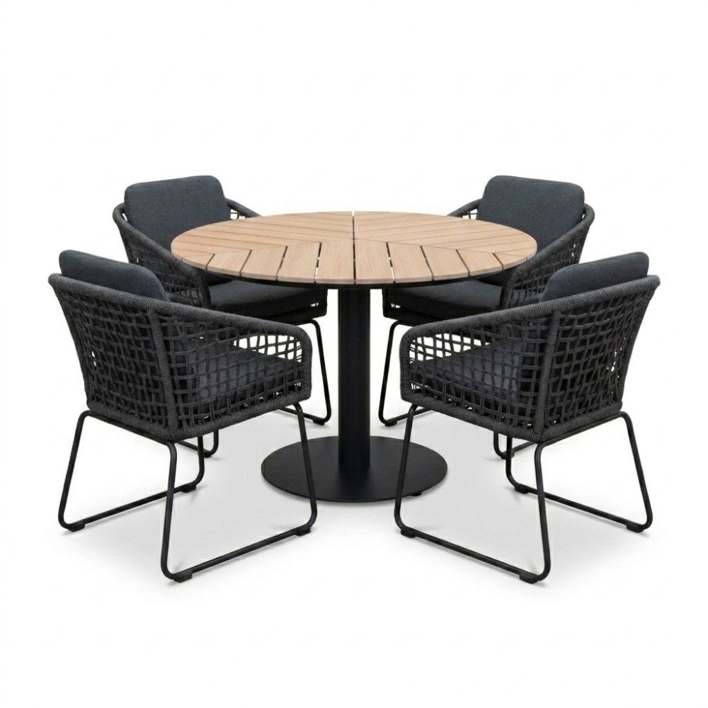 Sirena/Tulum Lava Grey dining tuinset | 4 personen | polywood + touw | Ø120cm