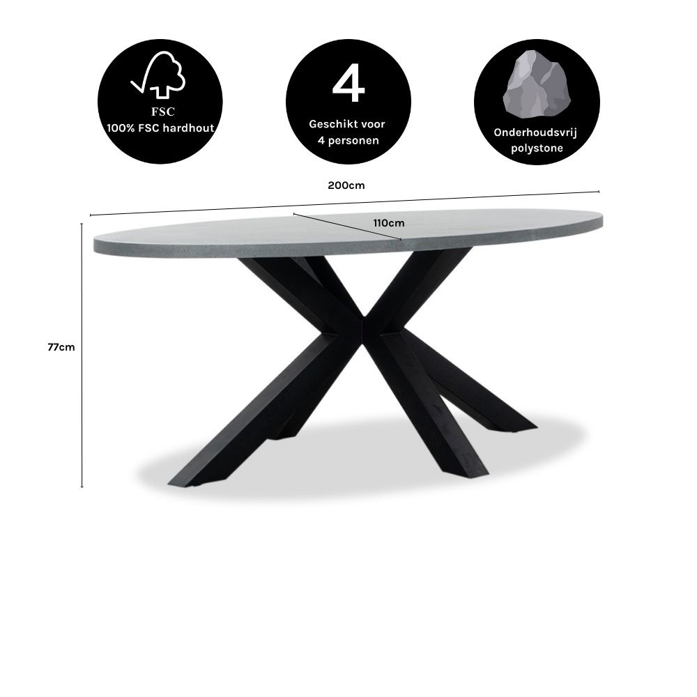 Stockholm/Lucca dining tuinset | 4 personen | polystone + wicker | 200cm