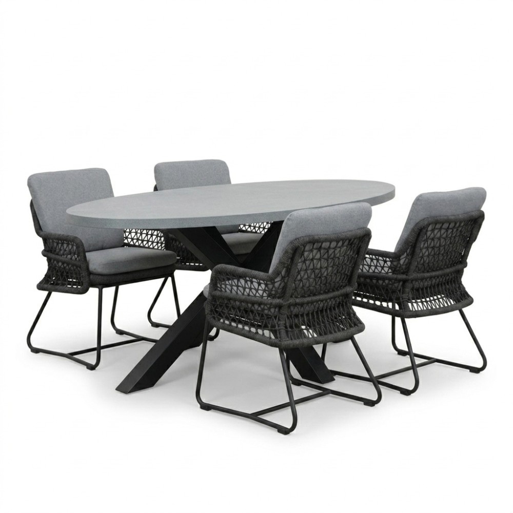 Stockholm/Gianna Stone Grey dining tuinset | 4 personen | polystone + touw | 200cm