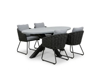 Stockholm/Flora Stone Grey dining tuinset | 4 personen | polystone + touw | 200cm