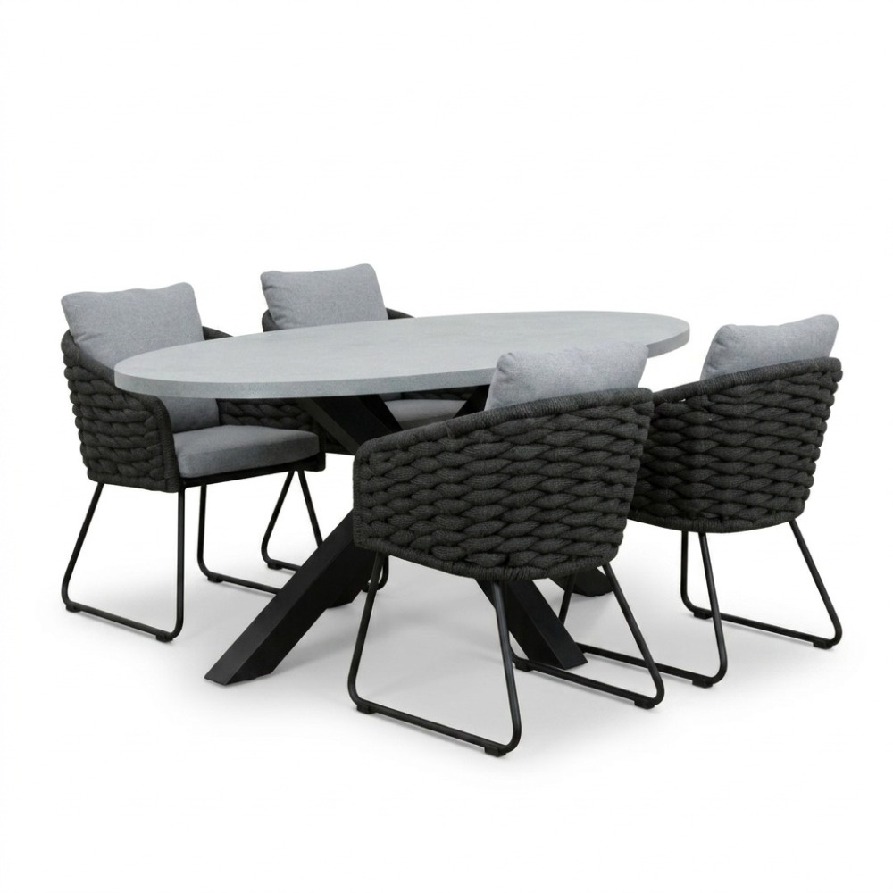 Stockholm/Flora Stone Grey dining tuinset | 4 personen | polystone + touw | 200cm