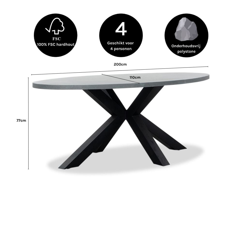 Stockholm/Flora Stone Grey dining tuinset | 4 personen | polystone + touw | 200cm