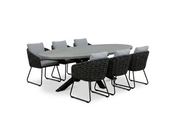 Stockholm/Flora Stone Grey dining tuinset | 6 personen | polystone + touw | 240cm