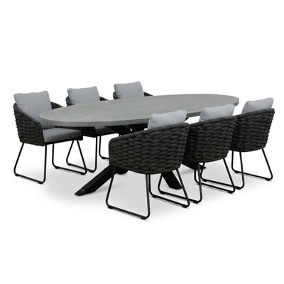 Stockholm/Flora Stone Grey dining tuinset | 6 personen | polystone + touw | 240cm