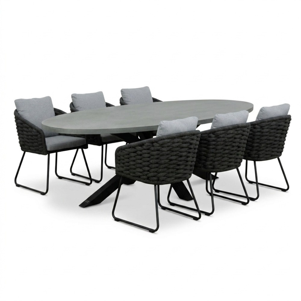 Stockholm/Flora Stone Grey dining tuinset | 6 personen | polystone + touw | 240cm