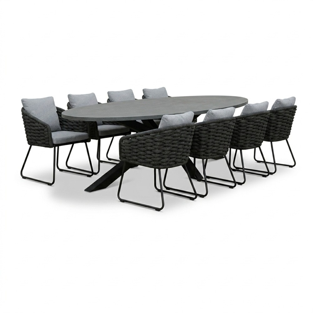 Stockholm/Flora Stone Grey dining tuinset | 8 personen | polystone + touw | 280cm