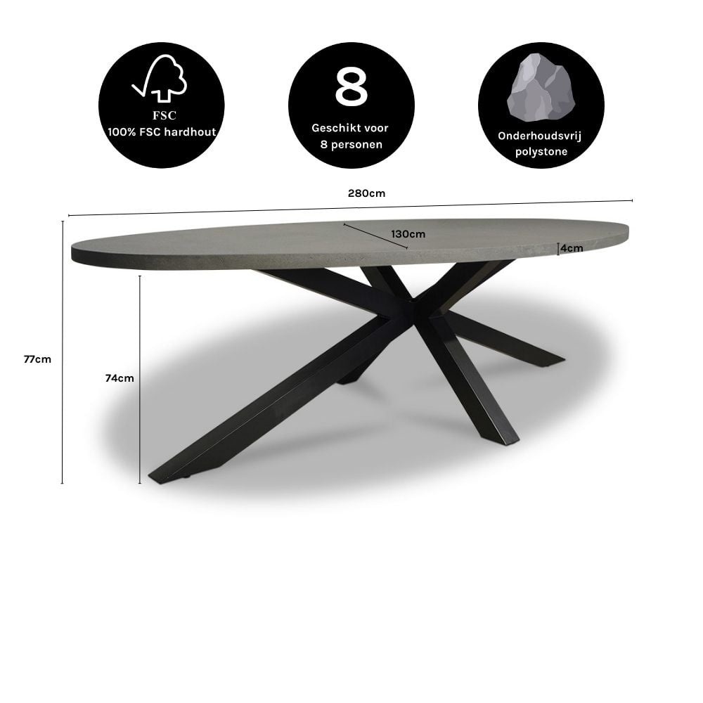 Stockholm/Flora Stone Grey dining tuinset | 8 personen | polystone + touw | 280cm