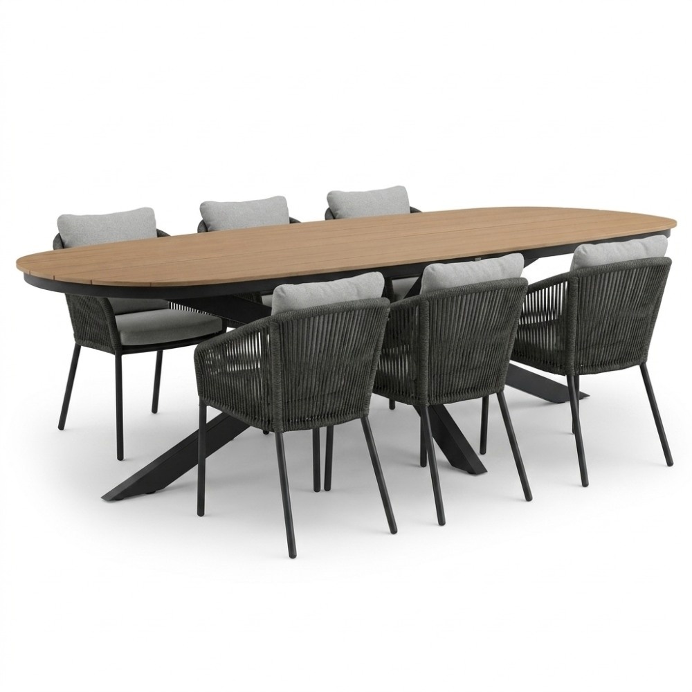 Texas antraciet/Lexis Stone Grey dining tuinset | 6 personen | polywood + touw | 260cm