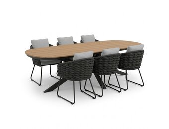 Texas antraciet/Flora Stone Grey dining tuinset | 6 personen | polywood + touw | 260cm