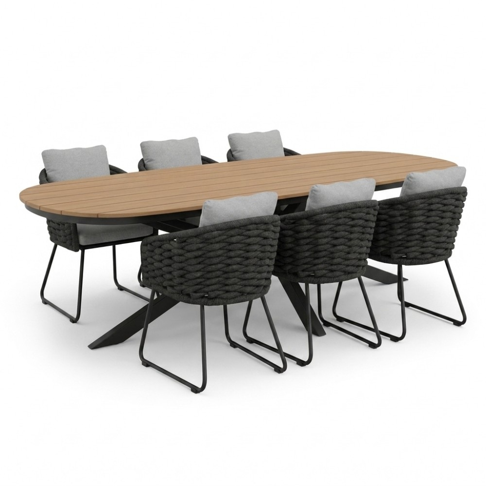 Texas antraciet/Flora Stone Grey dining tuinset | 6 personen | polywood + touw | 260cm