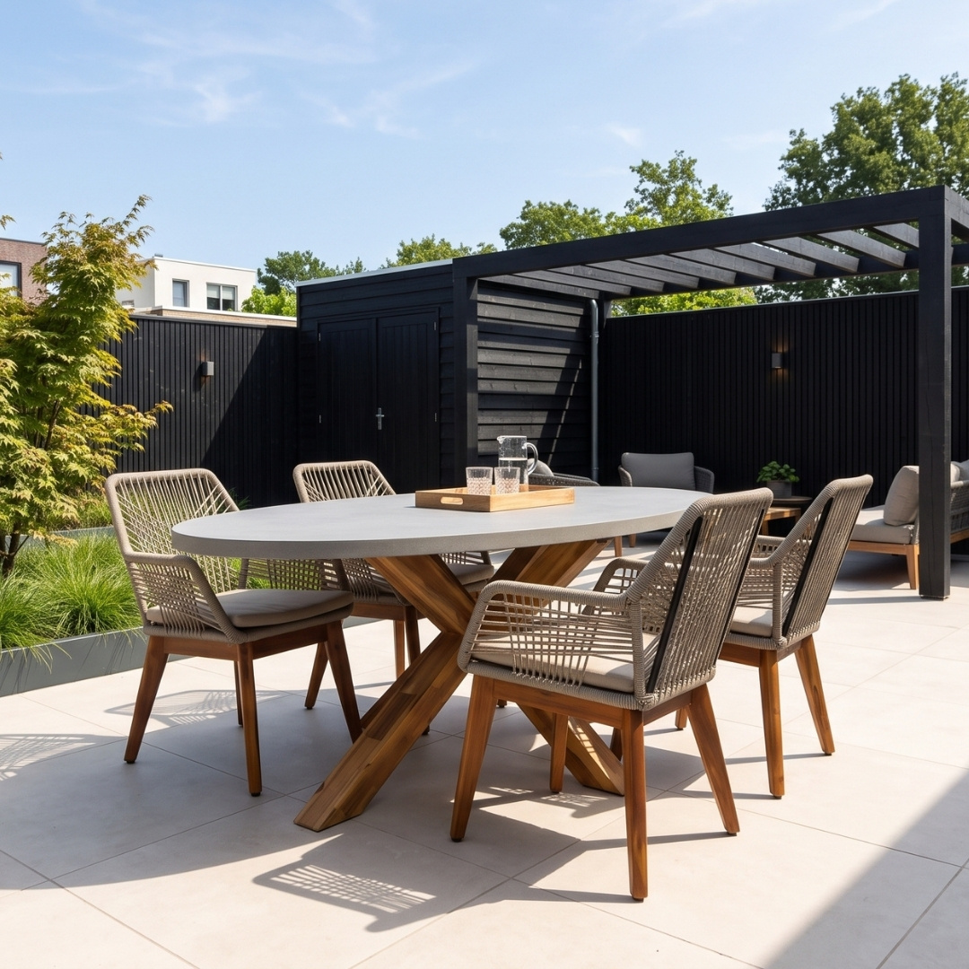 Livorno/Seville hout zand dining tuinset | 4 personen | betonlook + hardhout | 200cm ovaal