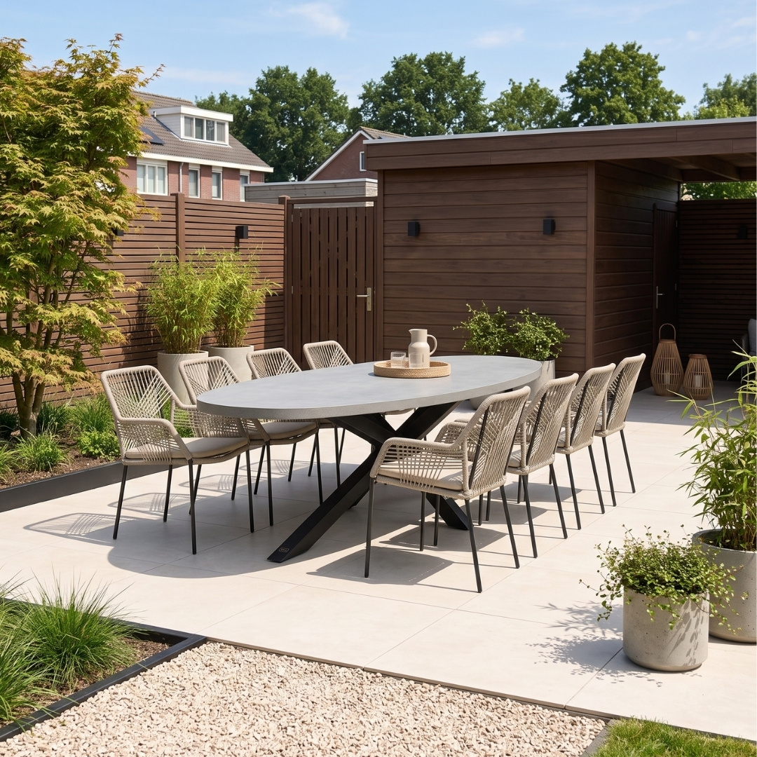 Stockholm/Seville zand dining tuinset | 8 personen | betonlook + touw | 280cm ovaal