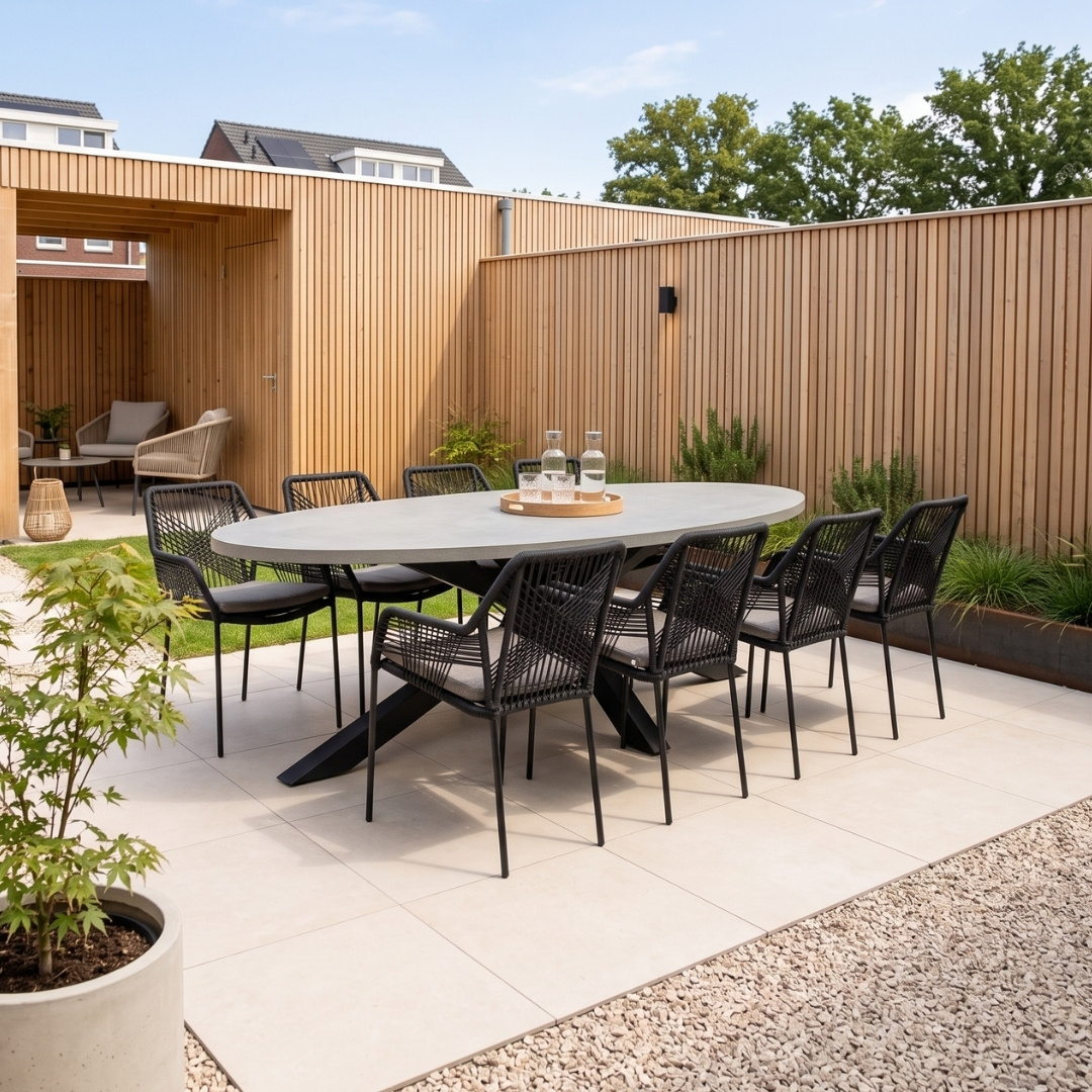 Stockholm/Seville zwart dining tuinset | 8 personen | betonlook + touw | 280cm