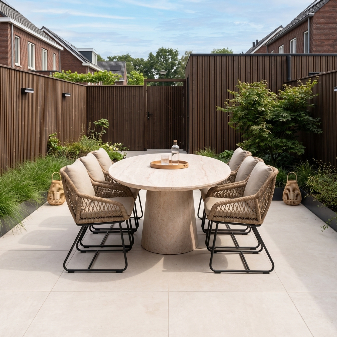 Max/Portofino Sahara Dust dining tuinset | 6 personen | travertin + touw | 240cm ovaal