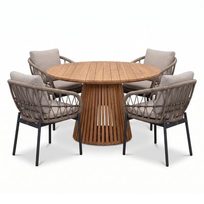 Palau/Dakota beige/antraciet dining tuinset | 4 personen | teakhout + touw | 120cm rond