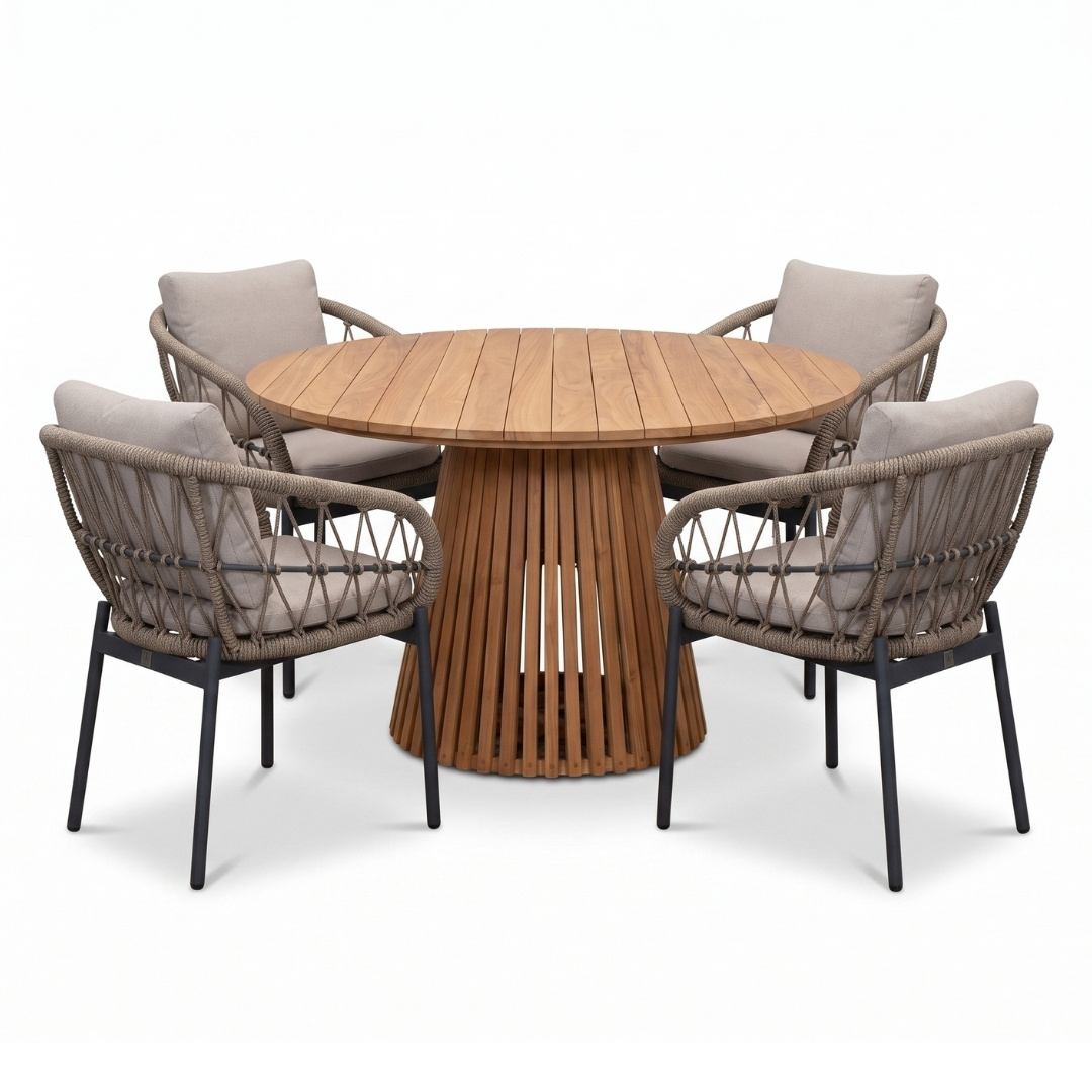 Palau/Dakota beige/antraciet dining tuinset | 4 personen | teakhout + touw | 120cm rond