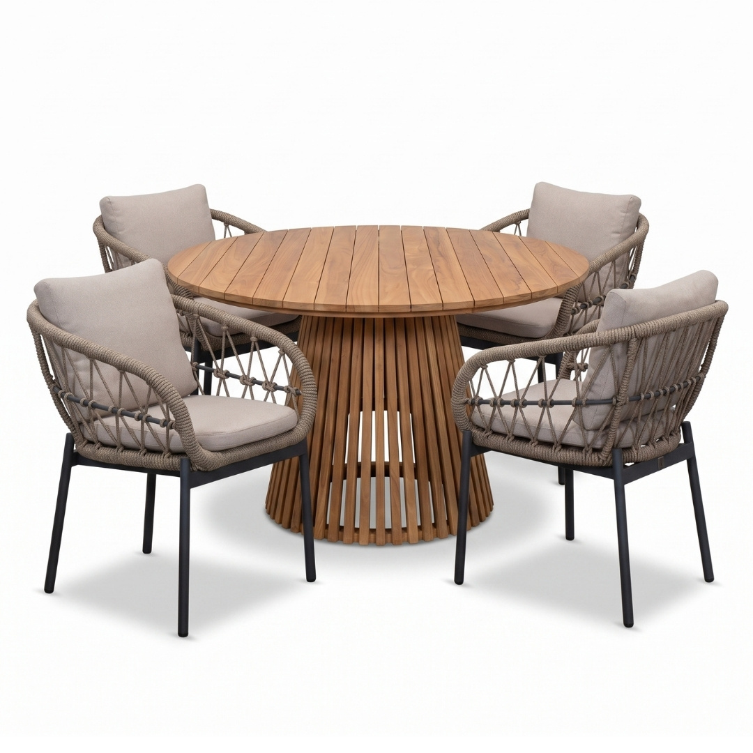 Palau/Dakota beige/antraciet dining tuinset | 4 personen | teakhout + touw | 120cm rond