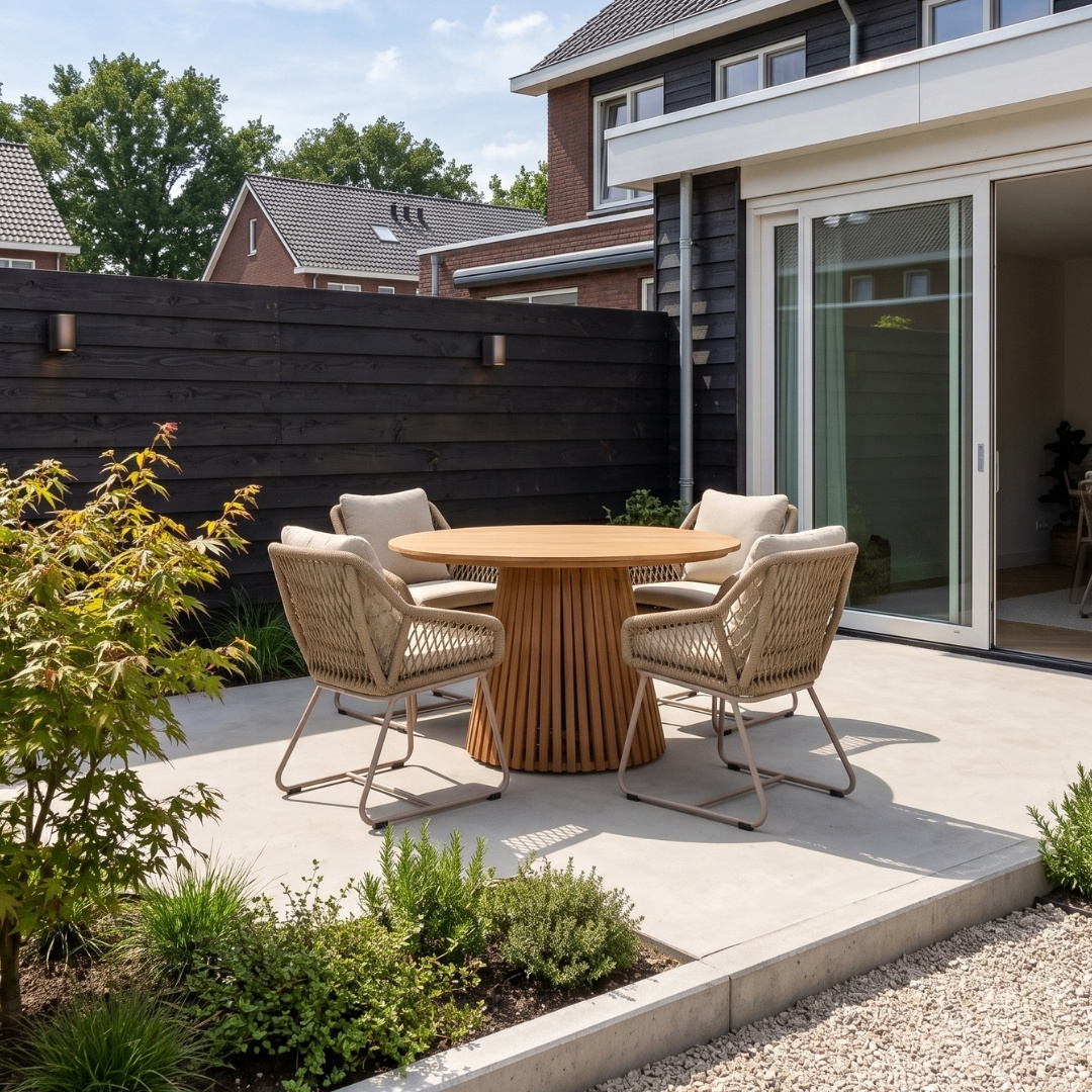 Palau/Portofino Sandstone dining tuinset | 4 personen | teakhout + touw | Ø120cm rond