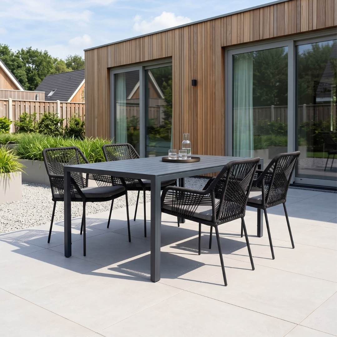 Manchester/Seville zwart dining tuinset | 4 personen | aluminium + touw | 150cm