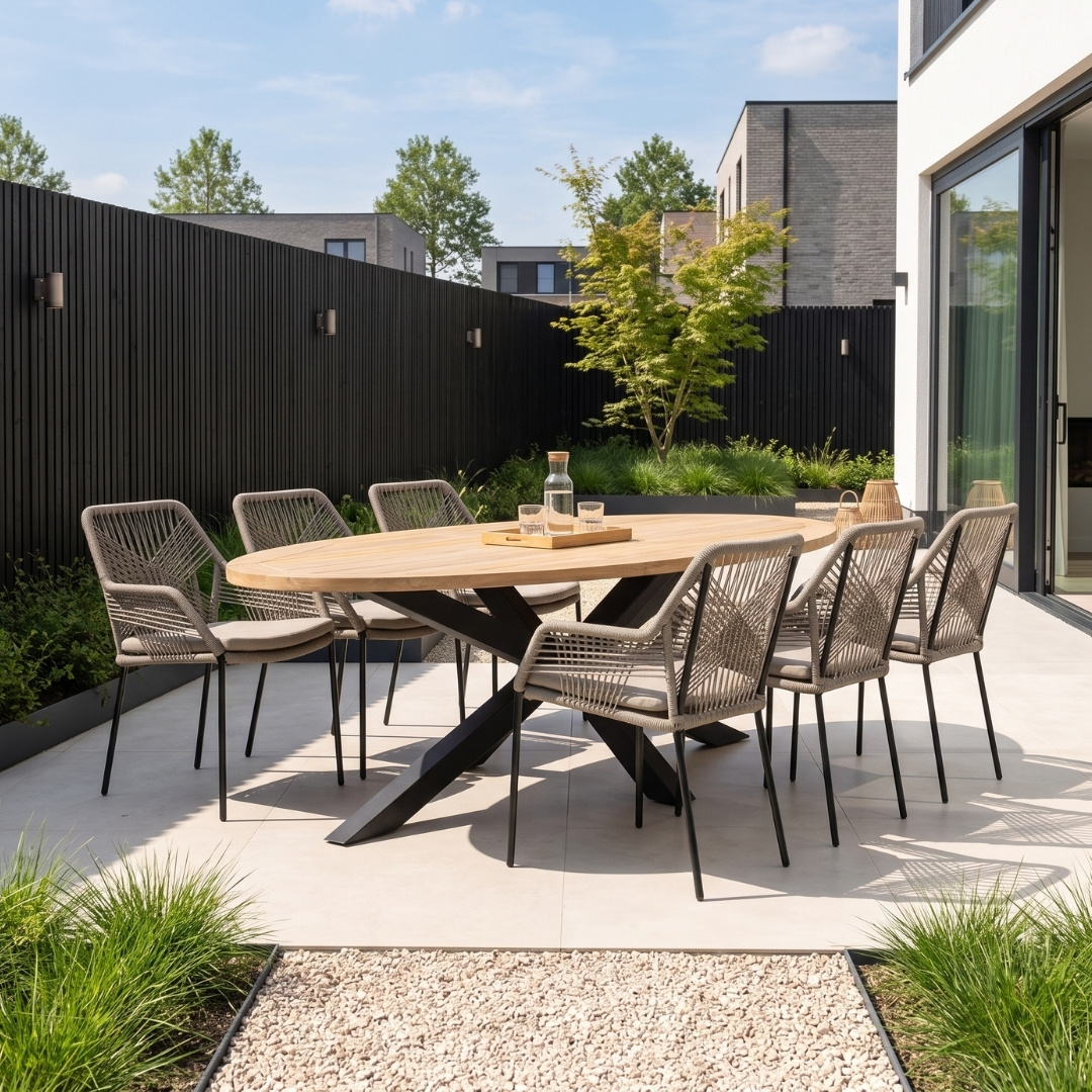 Cleve/Seville zand dining tuinset | 6 personen | teakhout + touw | 240cm ovaal