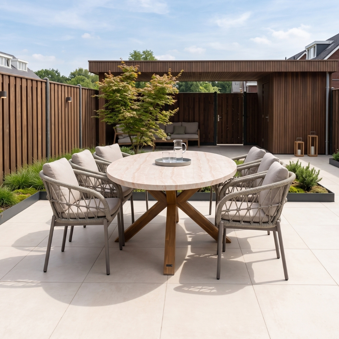 Lorento/Dakota beige dining tuinset | 6 personen | travertin + touw | 240cm