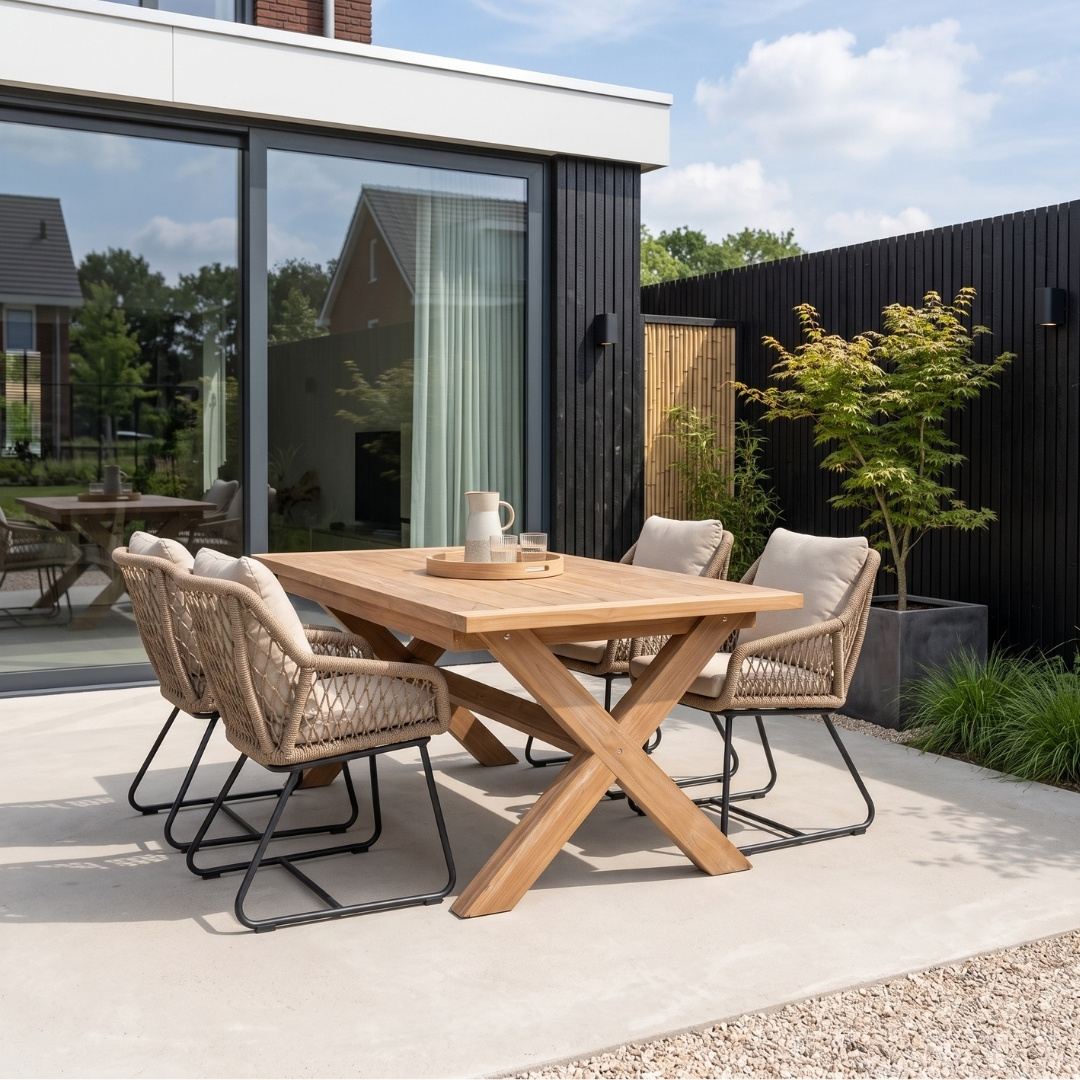Riga/Portofino Sahara Dust dining tuinset | 4 personen | teakhout + touw | 200cm