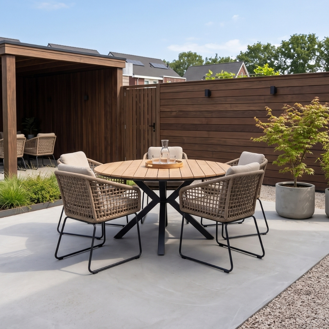 Cervo Natural/Tulum Sahara Dust dining tuinset | 5 personen | polywood + touw | 144cm rond