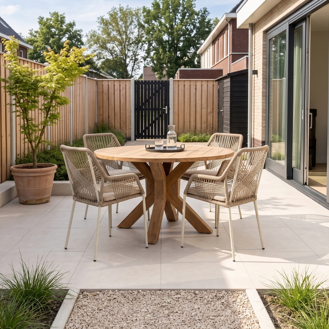 Genua/Seville beige dining tuinset | 4 personen | teakhout + touw | 120cm rond