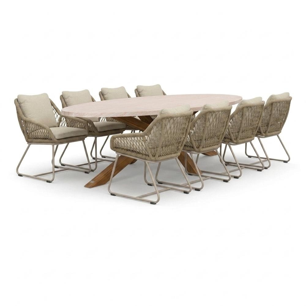 Lorento/Portofino Sandstone dining tuinset | 8 personen | polystone + touw | 280cm ovaal