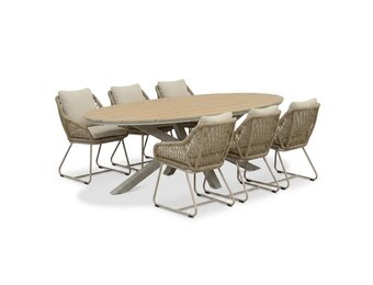 Dallas beige/Portofino Sandstone dining tuinset | 6 personen | polywood + touw | 220cm