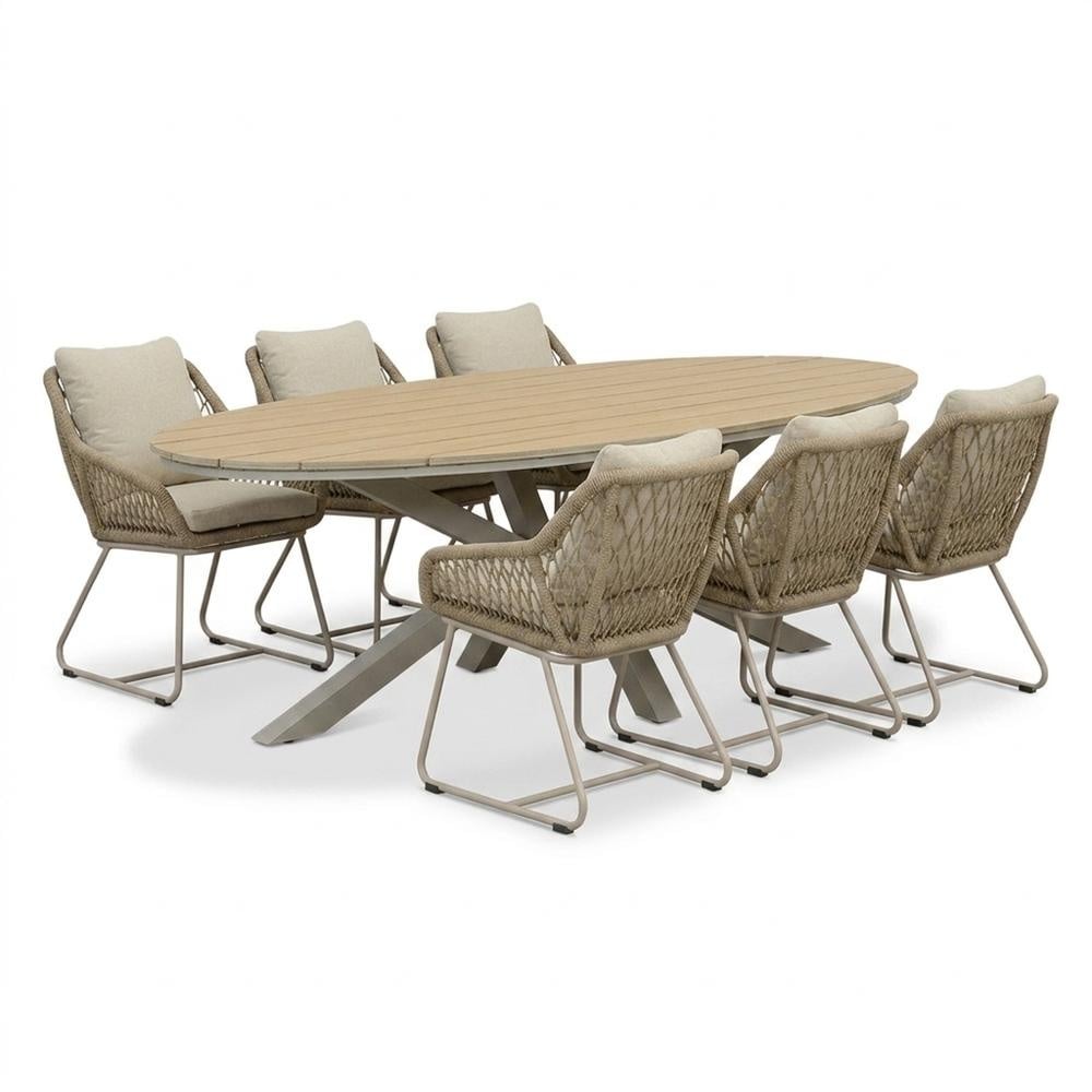 Dallas beige/Portofino Sandstone dining tuinset | 6 personen | polywood + touw | 220cm