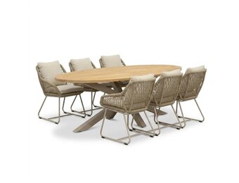 Cleve beige/Portofino Sandstone dining tuinset | 6 personen | teakhout + touw | 240cm ovaal