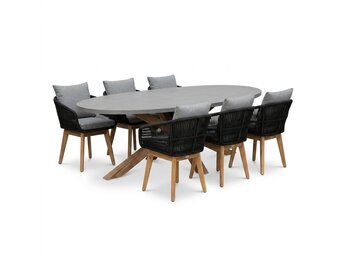 Livorno/Bella zwart dining tuinset | 6 personen | polystone + touw | 240cm
