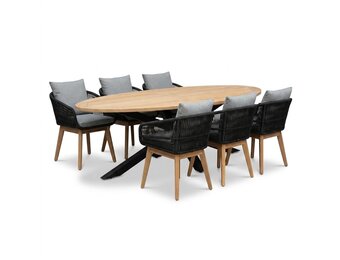 Cleve antraciet/Bella zwart dining tuinset | 6 personen | teakhout + touw | 240cm ovaal