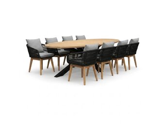 Cleve/Bella zwart dining tuinset | 8 personen | teakhout + touw | 280cm ovaal