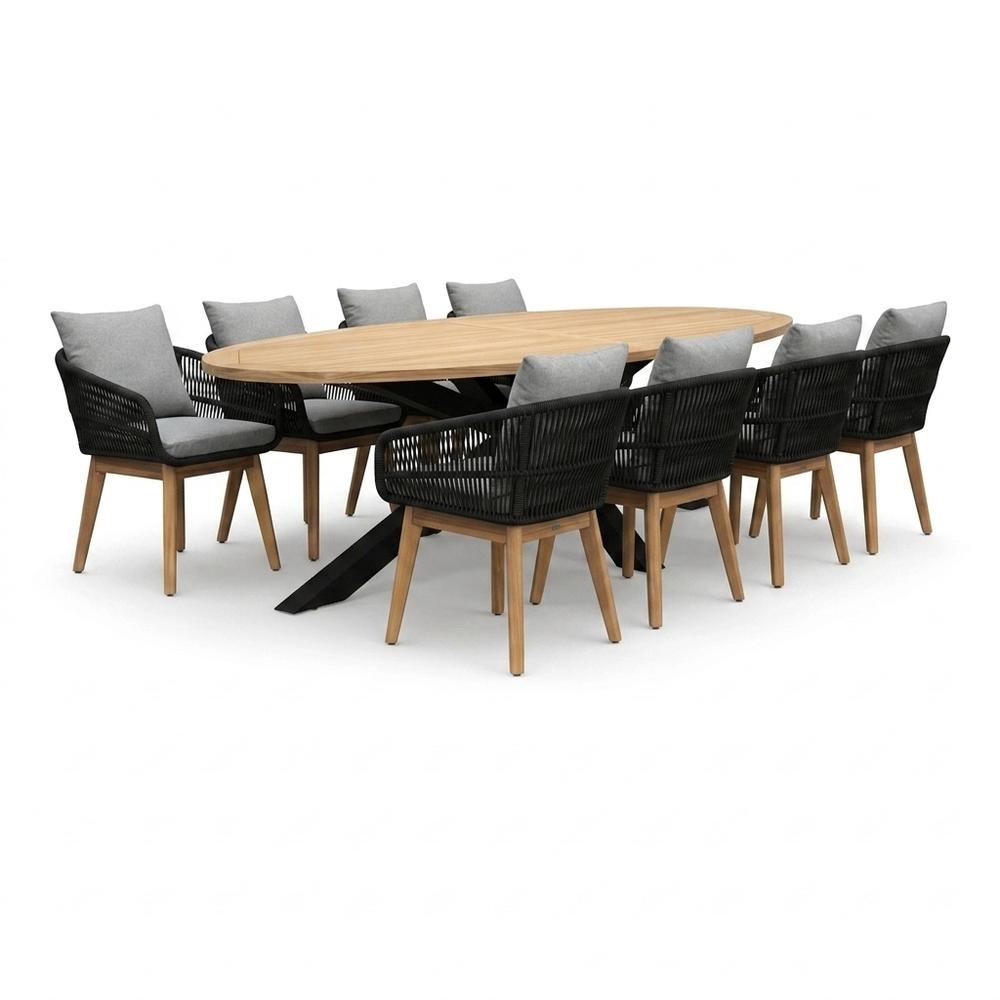 Cleve/Bella zwart dining tuinset | 8 personen | teakhout + touw | 280cm ovaal