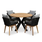 Cleve/Bella zwart dining tuinset | 4 personen | teakhout + touw | 120cm rond