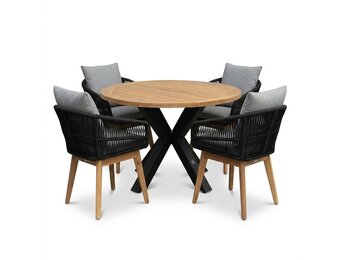 Cleve/Bella zwart dining tuinset | 4 personen | teakhout + touw | 120cm rond