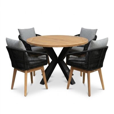 Cleve/Bella zwart dining tuinset | 4 personen | teakhout + touw | 120cm rond
