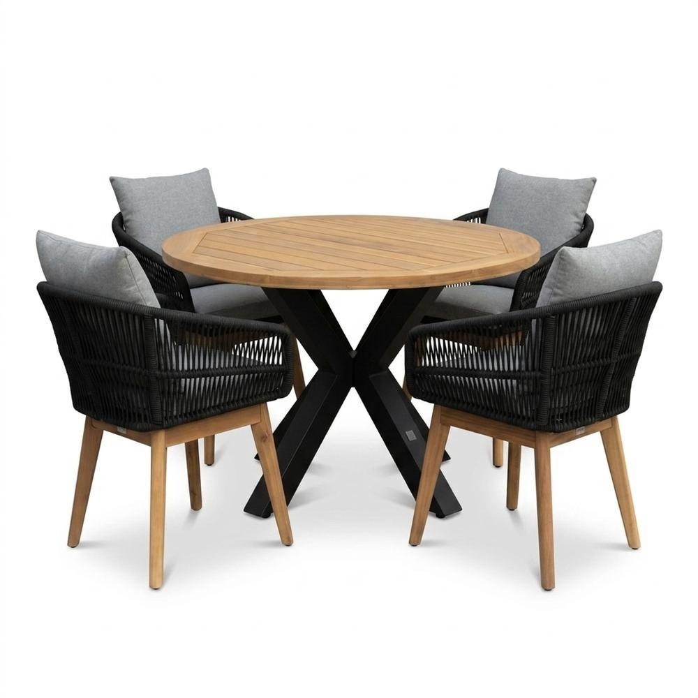 Cleve/Bella zwart dining tuinset | 4 personen | teakhout + touw | 120cm rond
