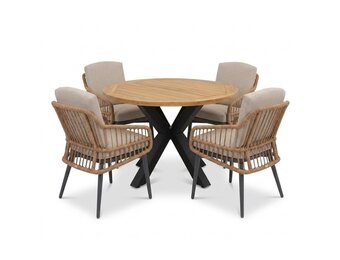 Cleve/Alicante zand dining tuinset | 4 personen | teakhout + wicker | 120cm rond