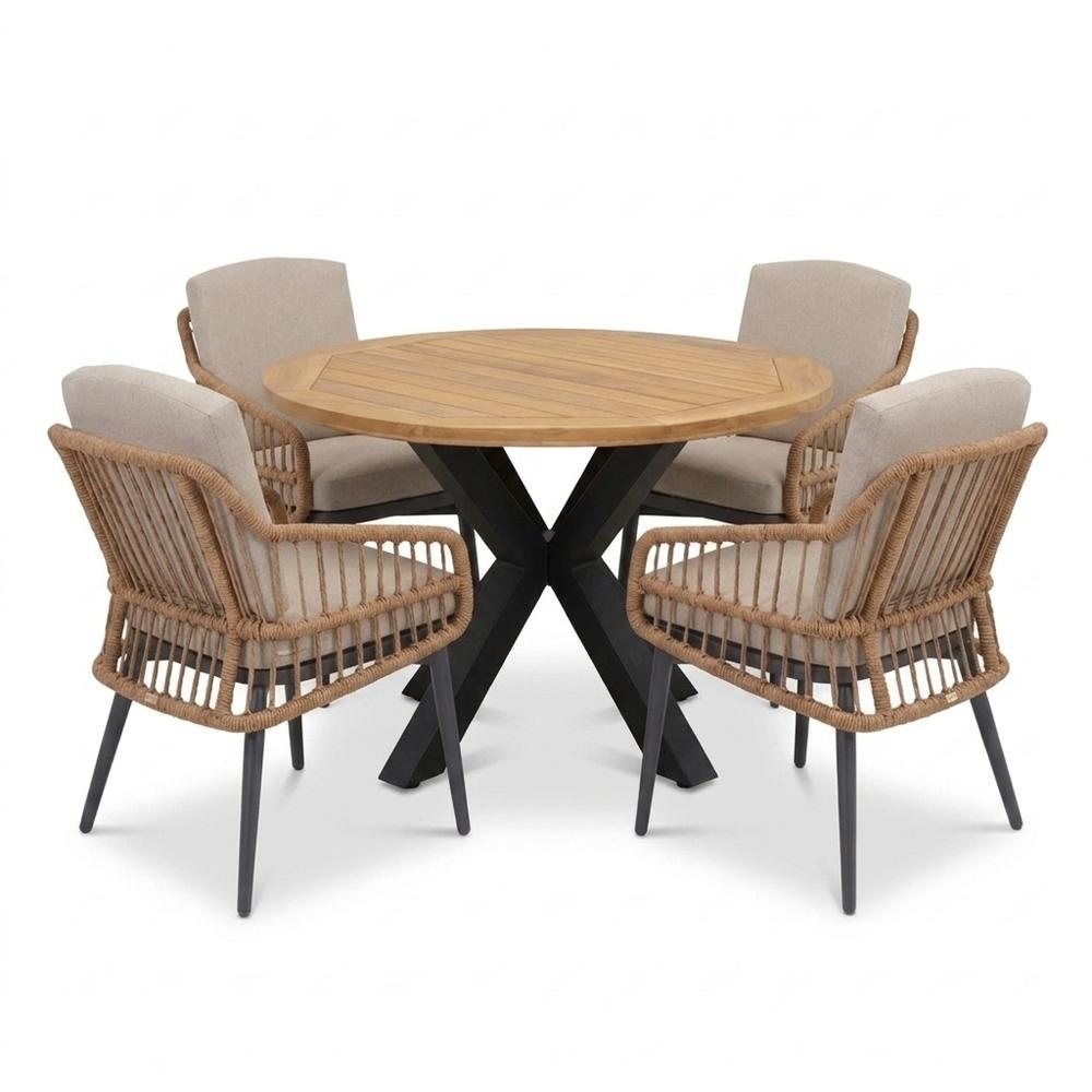 Cleve/Alicante zand dining tuinset | 4 personen | teakhout + wicker | 120cm rond